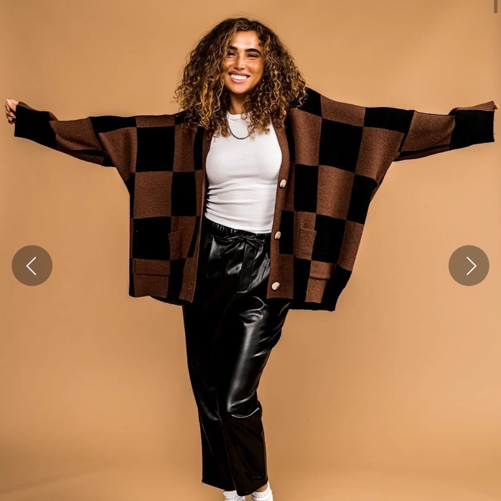 ~**LALA ORIGINAL: Love You Oversized Checkerboard Cardigan in Black +  Brown**~